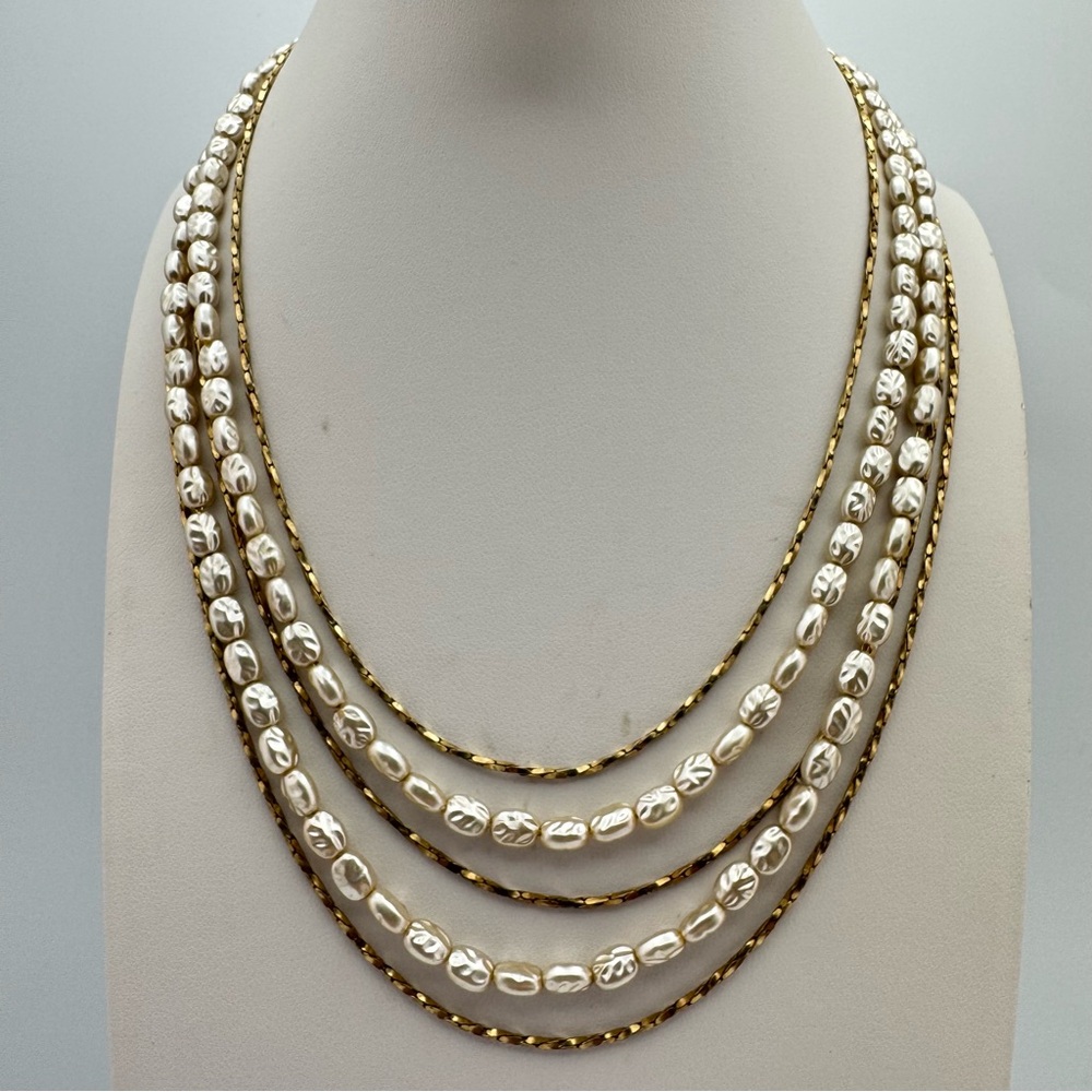 Elegant Vintage Multi Strand Faux Pearl Gold Tone Necklace Layered